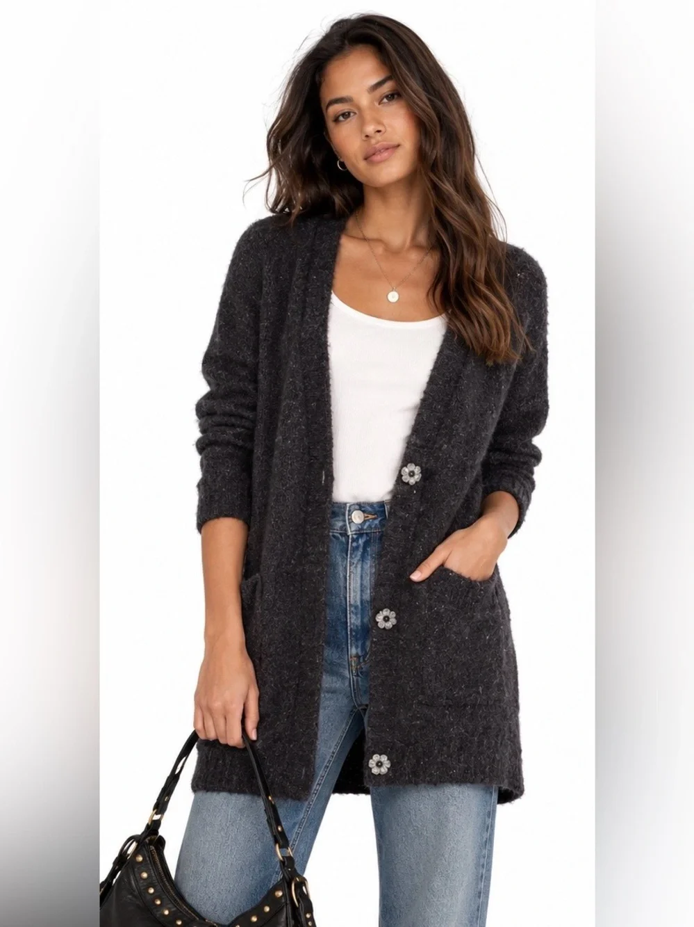 Free People Rare Boucle Cardi Alpaca Blend Oversized Sweater Cardigan Black, S